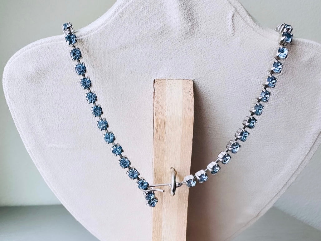 Vintage Blue Rhinestone Choker Necklace, Sapphire + Silver 1960s Vintage Necklace, Beautiful Draped Choker with Prong Set Sparkling Crystals