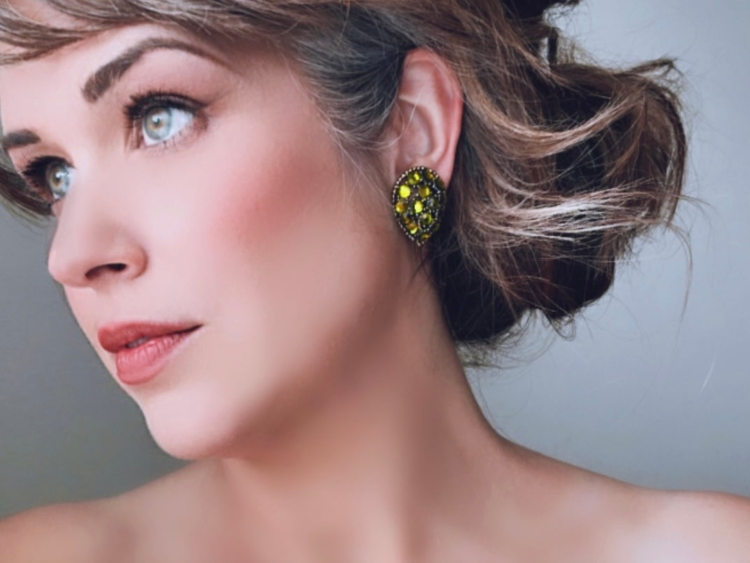 1960's Vintage Signed Weiss Olivine Green Teardrop Rhinestone Earrings from Piggle and Pop, Modeled by Bethan Jayne
