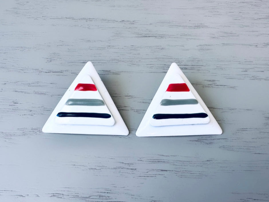 Big White Triangle Earrings, Oversized Geometric Enamel Earrings, Fun 1980's Vintage Earrings, White Grey Red Navy Blue