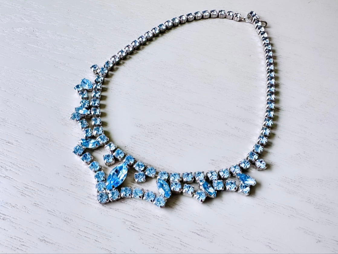 Vintage Blue Rhinestone Choker Necklace, Sapphire + Silver 1960s Vintage Necklace, Beautiful Draped Choker with Prong Set Sparkling Crystals