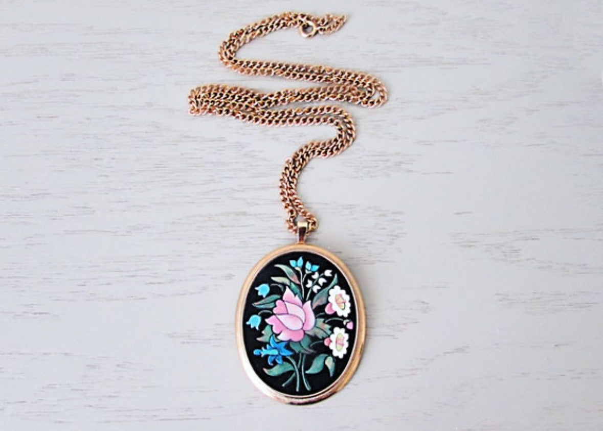 Vintage Flower Necklace, Avon Florentine Mosaic Pendant Necklace, 1974 Painted Flower Pendant, Black Gold Teal and Pink, Long Chain Necklace