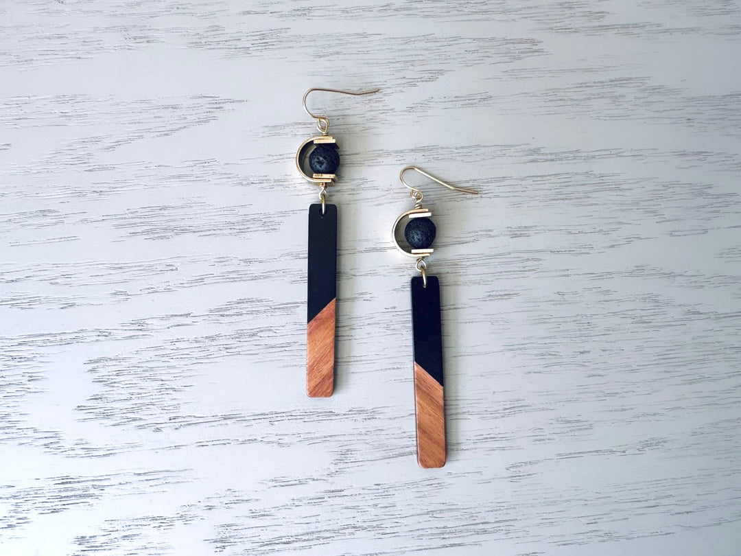 Black Lava Drop Earrings, Handmade Wire Wrapped Earring, Raw Brass, Wood and Resin Dangle Earrings, Mixed Textile Unique Handmade Gifts