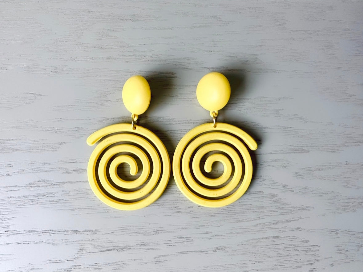 Yellow Spiral Earrings, Big Fun Retro Earrings, Bold Mod Pop Vintage 1960's Earrings, Yellow Pierced Post Earrings