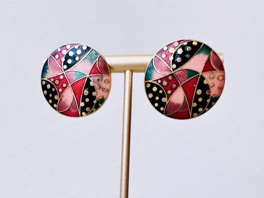 Vintage Cloisonné Earrings, Large Button Earrings in Black, Green,Wine + Pink, Gold Tone Post Earrings, 1980s Pretty Enamel Pierced Earring