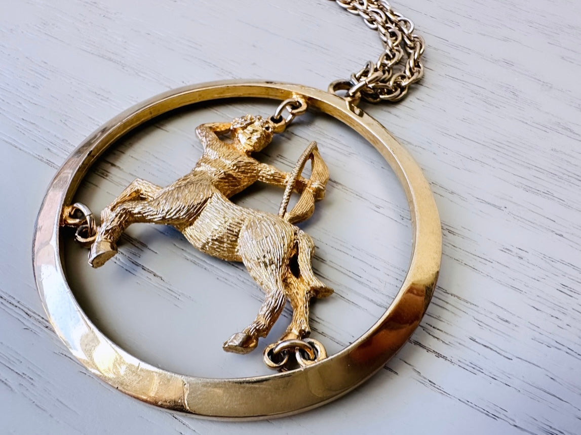Vintage Sagittarius Zodiac Necklace, Star Sign Astrology Necklace, Unique Birthday Necklace, 30" Long Gold Vintage Astrology Pendant