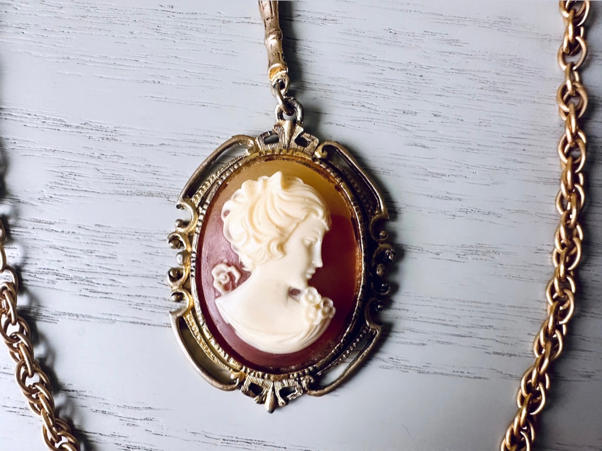 Vintage Cameo Necklace, Extravagant Double Chain Antique Gold Victorian Necklace, Large Peach Ivory Cameo Statement Necklace