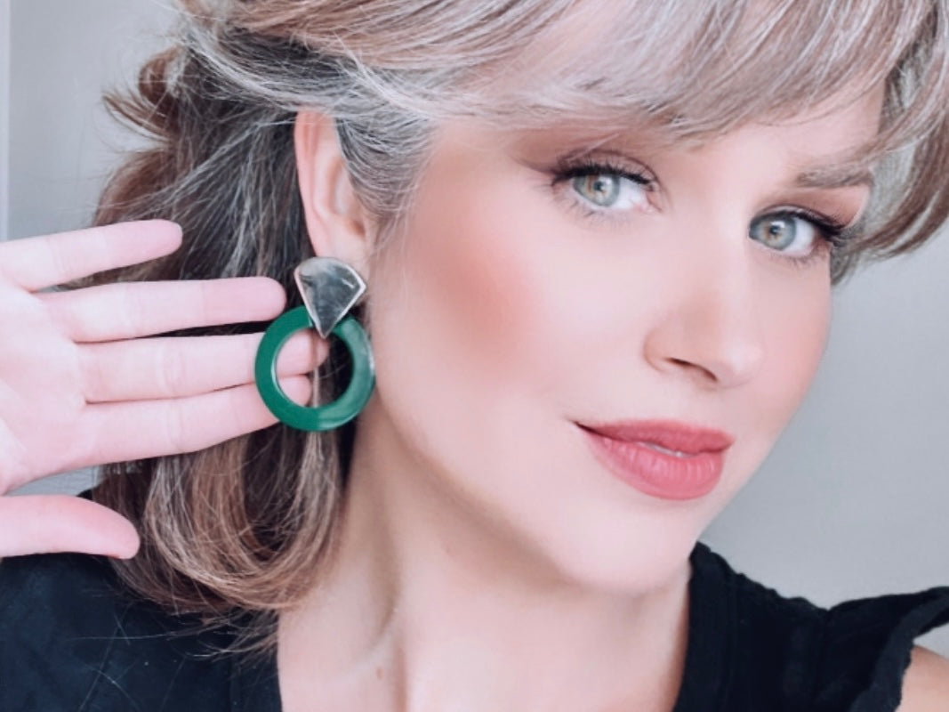 Bethan Jayne modeling 1980s Dark Green Acrylic Hoop Earrings with Antique Silver Triangle Post from Piggle and Pop