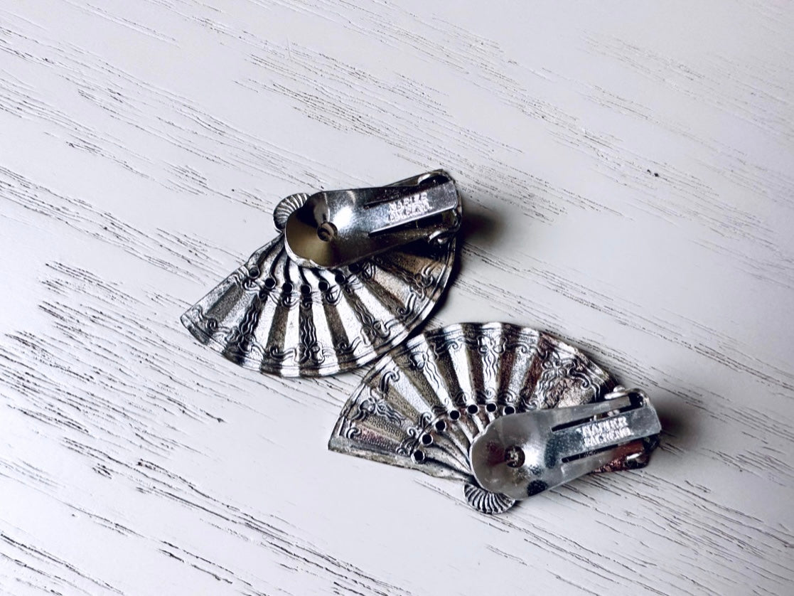 Vintage Silver Fan Earrings, Vintage Signed Napier Earrings, Antique Silver Clip On Earrings