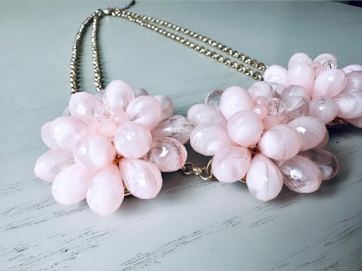 Vintage Pink Beaded Flower Cluster Necklace, Light Pink Chunky Statement Necklace, Whimsical Romantic Cotton Candy Necklace
