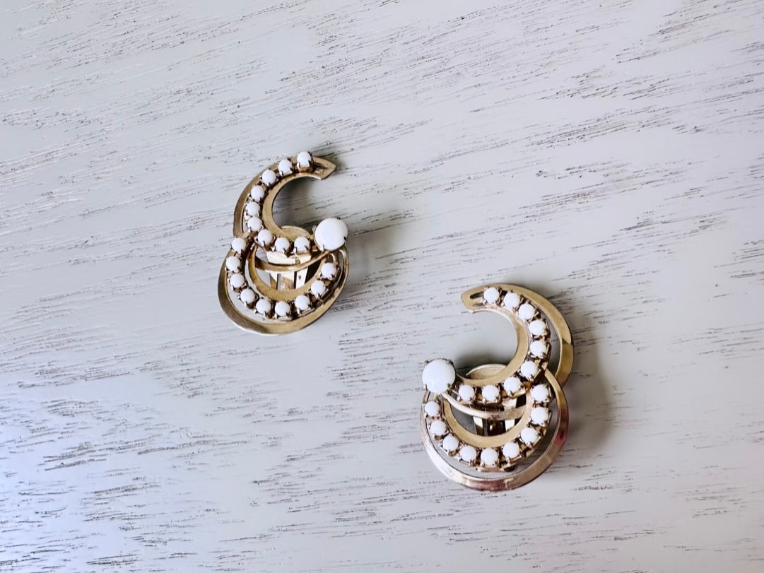 Vintage Milk Glass Earrings, 1960s Dramatic Double Half Moon Crescent, Prong Set White Gold Clip-on Earrings, 60s Elegant Statement Earrings