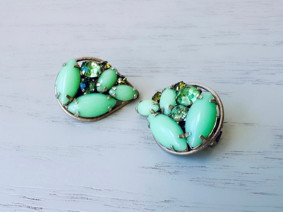 Rare Mint Green Milk Glass+ Peridot + Olivine Rhinestone Earrings, Vintage WEISS  Earrings, Gorgeous 1960's Crystal Clip On Earrings