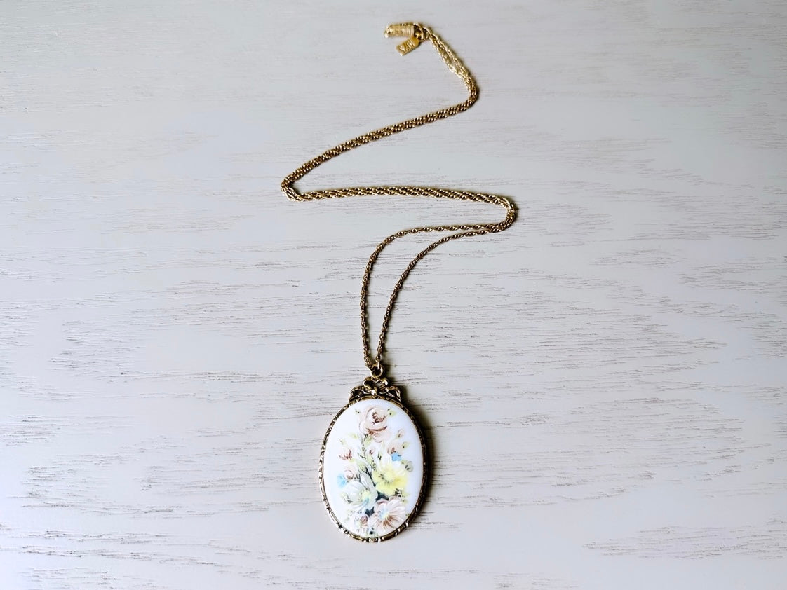 Vintage Antique Gold Victorian Style Flower Cameo Pendant Necklace, Oval Floral Pendant, 24” Necklace 1928 Designer Signed Costume Jewelry