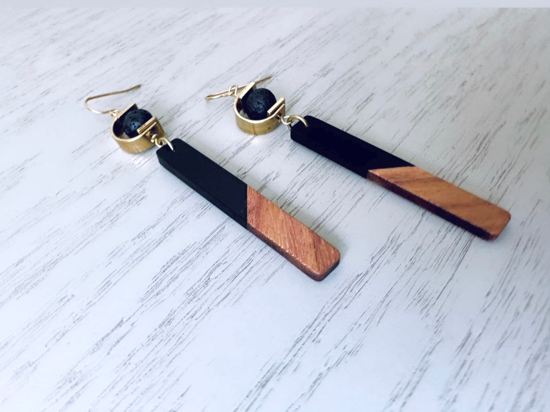 Black Lava Drop Earrings, Handmade Wire Wrapped Earring, Raw Brass, Wood and Resin Dangle Earrings, Mixed Textile Unique Handmade Gifts