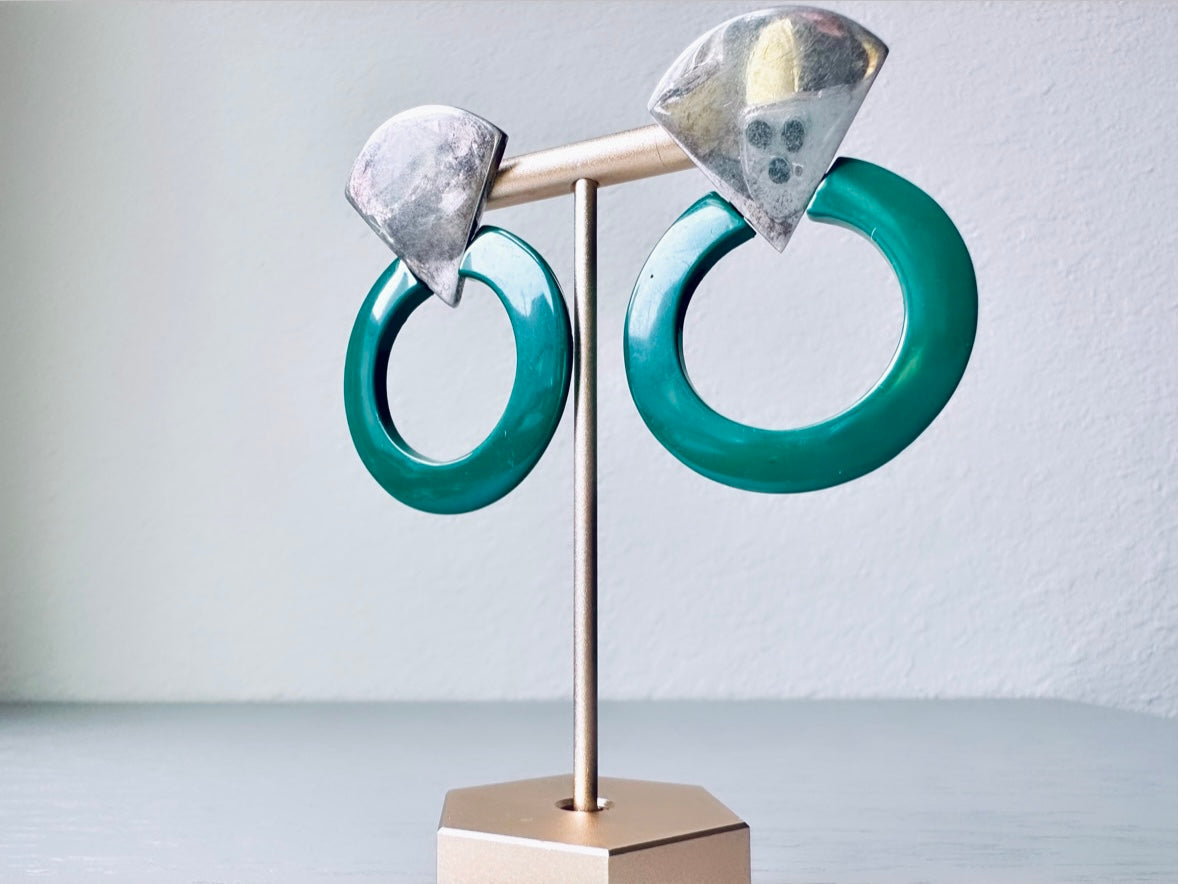 1980s Dark Green Acrylic Hoop Earrings with Antique Silver Triangle Post from Piggle and Pop