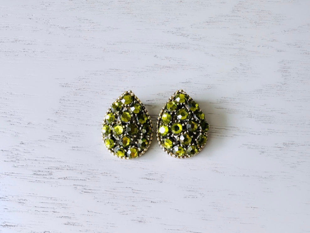 1960's Vintage Signed Weiss Olivine Green Teardrop Rhinestone Earrings from Piggle and Pop