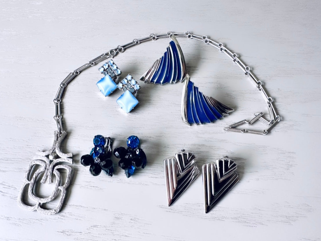 Vintage Silver and Blue Enamel Wing Earrings, 1980's Clip On Statement Earrings, Cobalt Blue and Silver 80's Geometric Fan Earrings