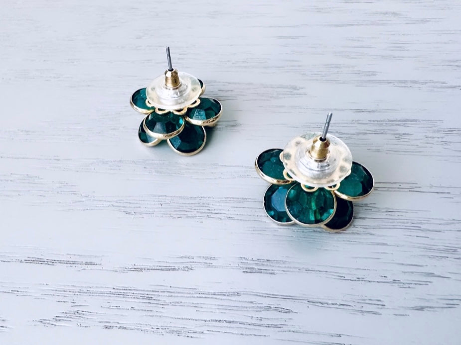 Vintage Emerald Statement Earrings, Deep Green Crystal Earrings, Double Layer Glass Flower Earrings, OOAK Floral Rhinestone Cocktail Earring