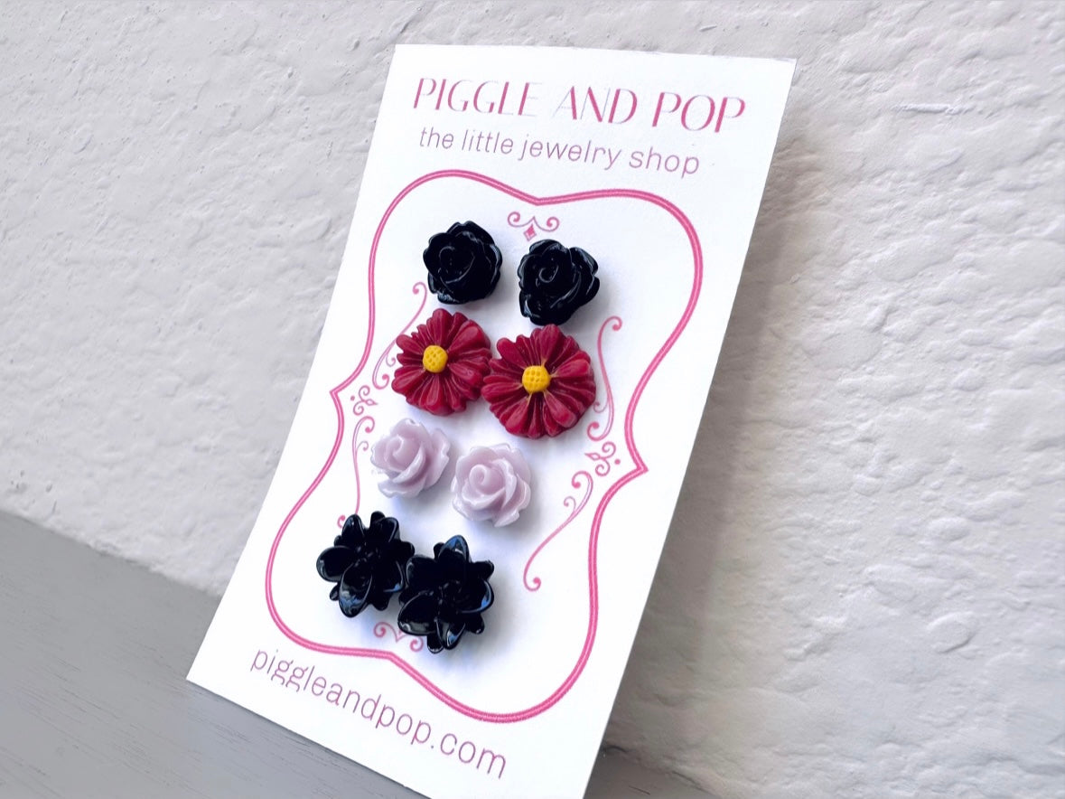 Flower Stud Earrings Gift Set in Black, Maroon and Sweet Lilac, Cute Floral Post Earring Set of 4 Pairs Hypoallergenic Resin Flower Earrings