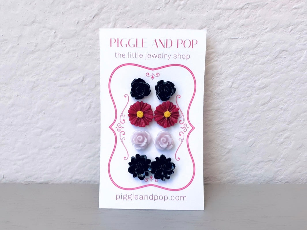 Flower Stud Earrings Gift Set in Black, Maroon and Sweet Lilac, Cute Floral Post Earring Set of 4 Pairs Hypoallergenic Resin Flower Earrings
