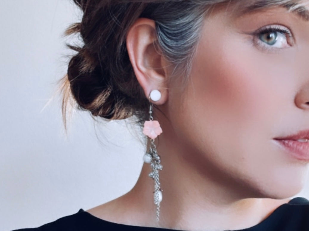 Bethan Jayne modeling 1990s Silver and Pink Flower Dangle Earrings from Piggle and pop