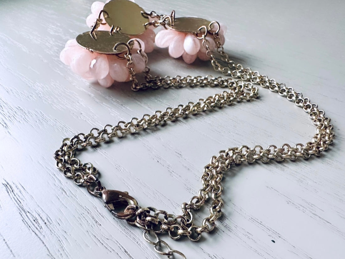 Vintage Pink Beaded Flower Cluster Necklace, Light Pink Chunky Statement Necklace, Whimsical Romantic Cotton Candy Necklace