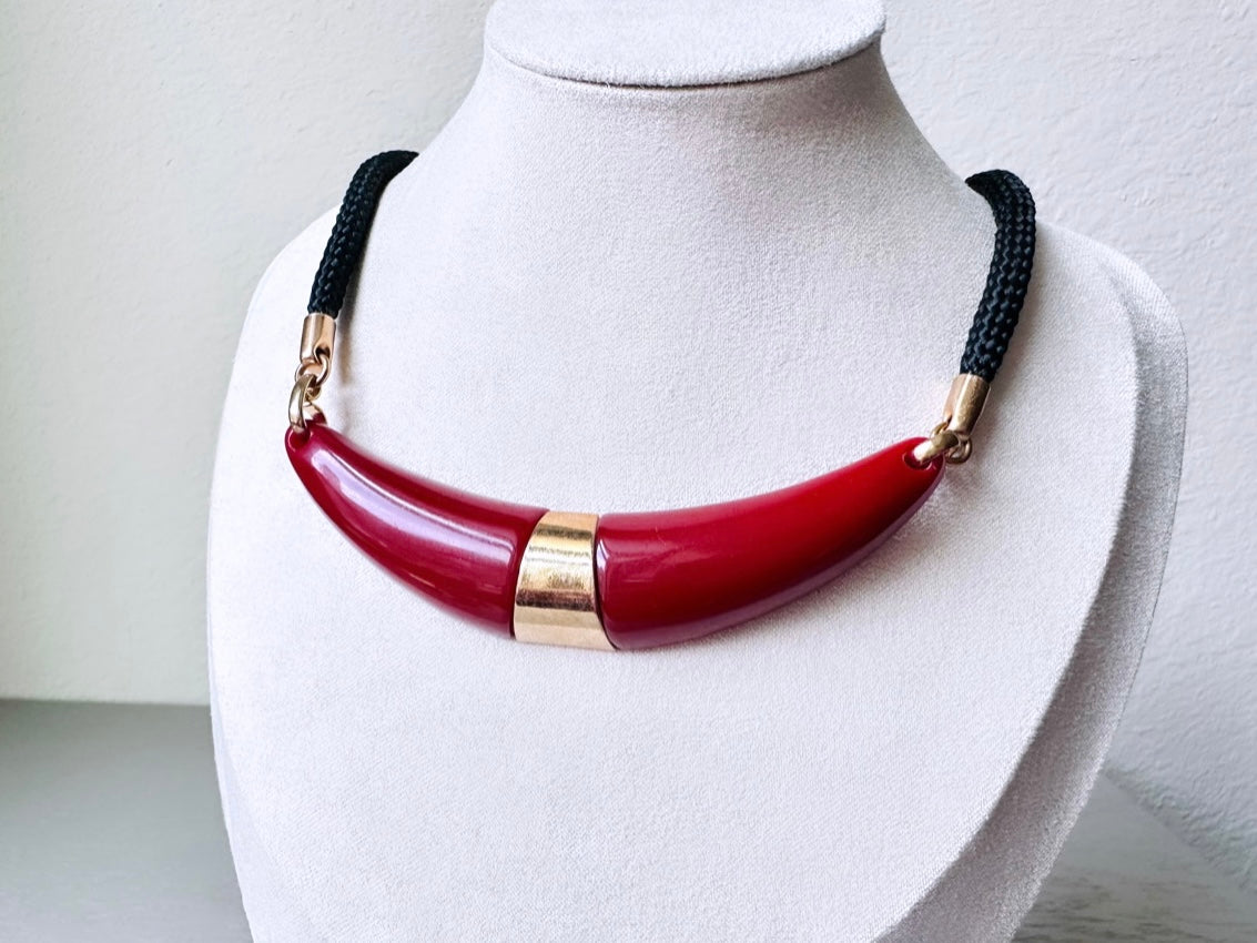 Vintage 70s New Yorker Necklace,  Red and Gold Necklace with Black Cord, 1976 Vintage, Sarah Coventry Vintage Necklace