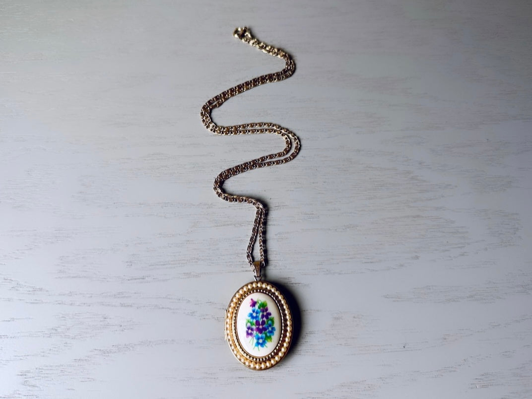 Porcelain Locket with Pearls & Purple Flowers, Pretty Vintage Avon Sweet Violets Locket Necklace with Original Chain Romantic Keepsake Gift