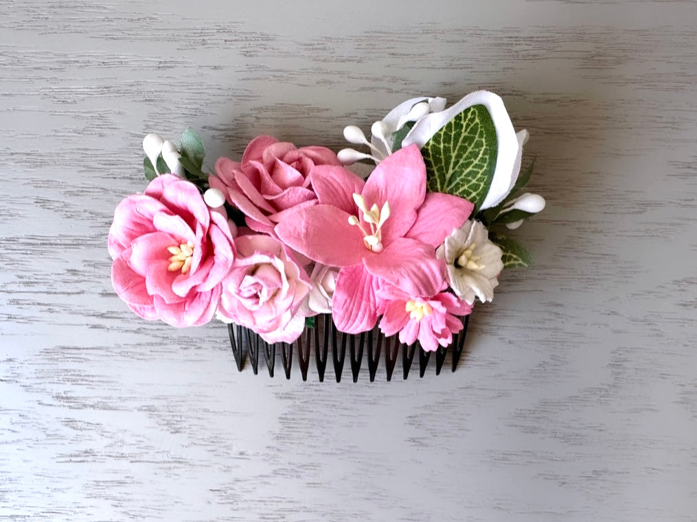 Pink Flower Hair Comb, Floral Wedding Comb, Ethereal Woodland Bride, Boho Fairy Flower Comb, Botanical Handmade Paper Flower Hair Piece OOAK