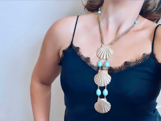 Seashell Pendant Necklace, Unique Pendant Necklace, Gold Shell Necklace with Turquoise Blue Stones, Beach Lover Necklace, Mermaid Cosplay