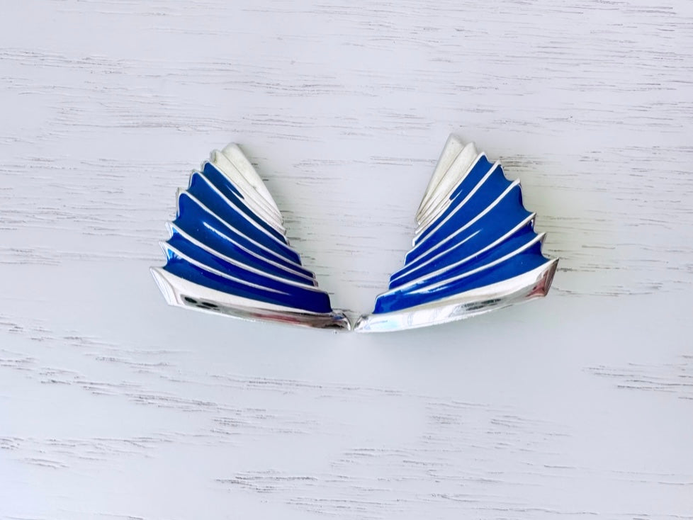 Vintage Silver and Blue Enamel Wing Earrings, 1980's Clip On Statement Earrings, Cobalt Blue and Silver 80's Geometric Fan Earrings