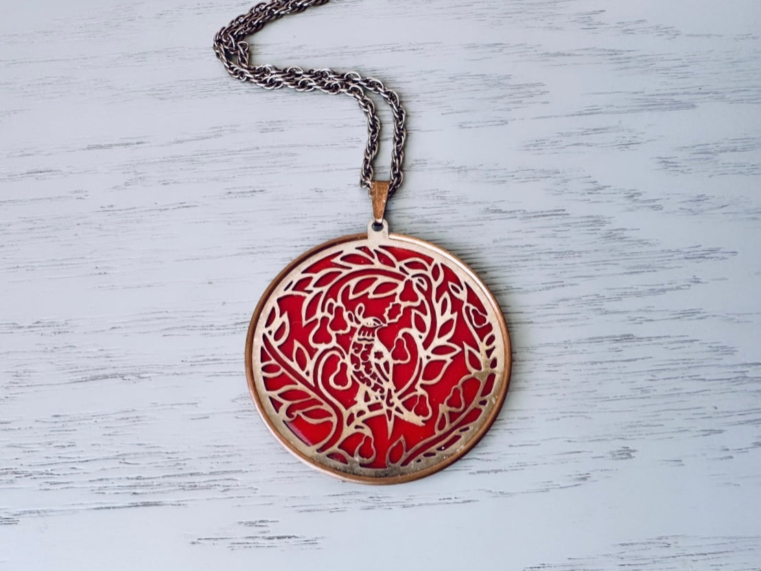 Red Partridge in a Pear Tree Copper Cut Out Medallion Necklace, 1978 Coppercraft Guild Christmas Partridge Pendant Necklace, Copper Pendant