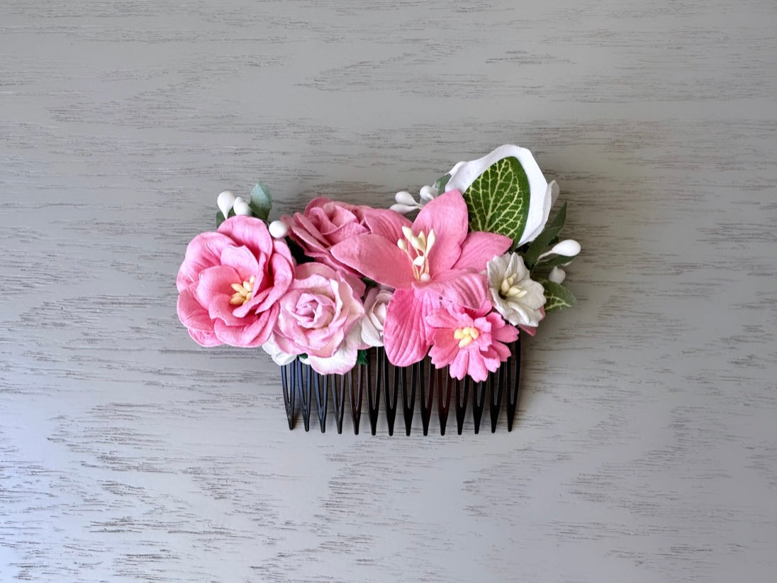 Pink Flower Hair Comb, Floral Wedding Comb, Ethereal Woodland Bride, Boho Fairy Flower Comb, Botanical Handmade Paper Flower Hair Piece OOAK