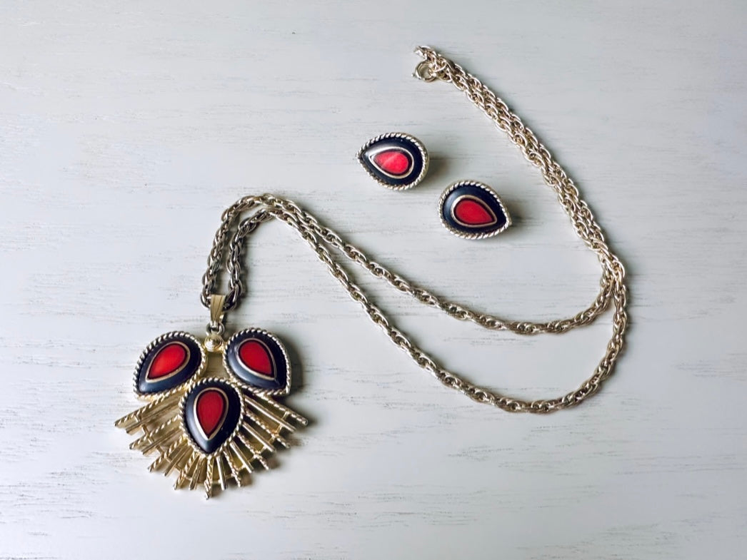 Red, Black and gold 1973 SC Dynasty Necklace and Matching Earring Set