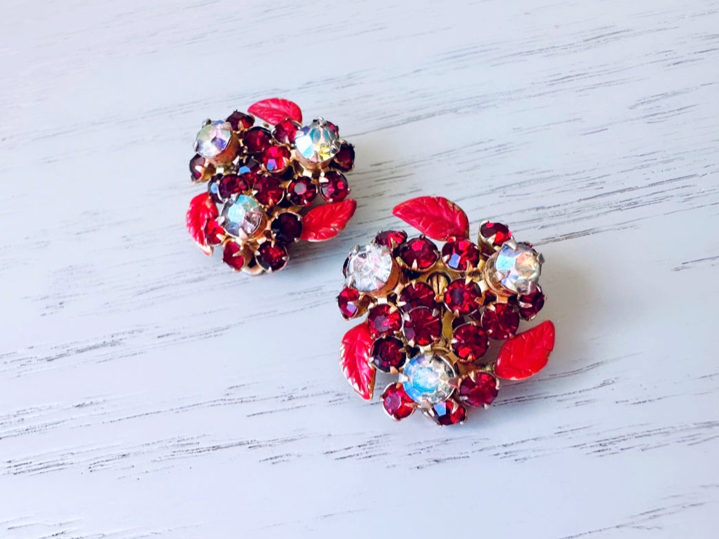 Red Vintage WEISS Rhinestone Earrings, Vintage 1960's Crystal Flower Clip On Earrings, Deep Red Crystal and Red Enamel Leaves