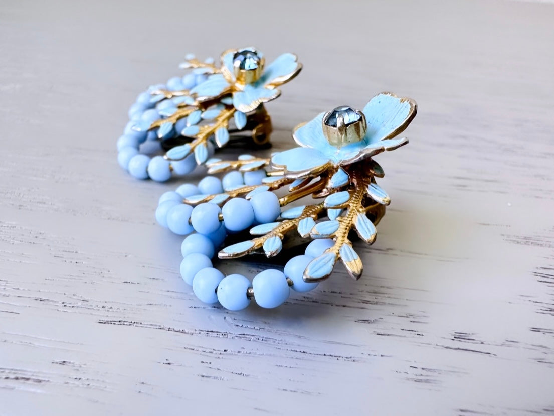 1960's Baby Blue Vintage Earrings, Light Blue Beaded Rhinestone and Enamel Earrings, Vintage 1960's Bridal Blue Flower Leaf Clip On Earrings