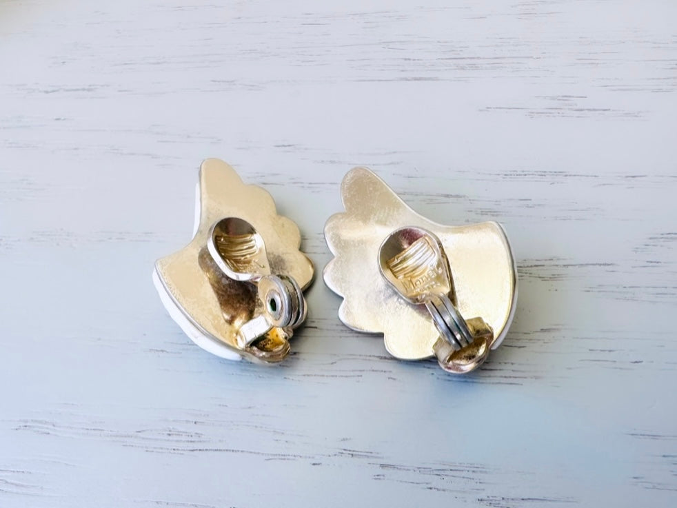 Vintage White Wing Earrings with Gold Tips, Vintage Monet Clip On Statement Earrings, White and Gold Geometric Fan Earrings