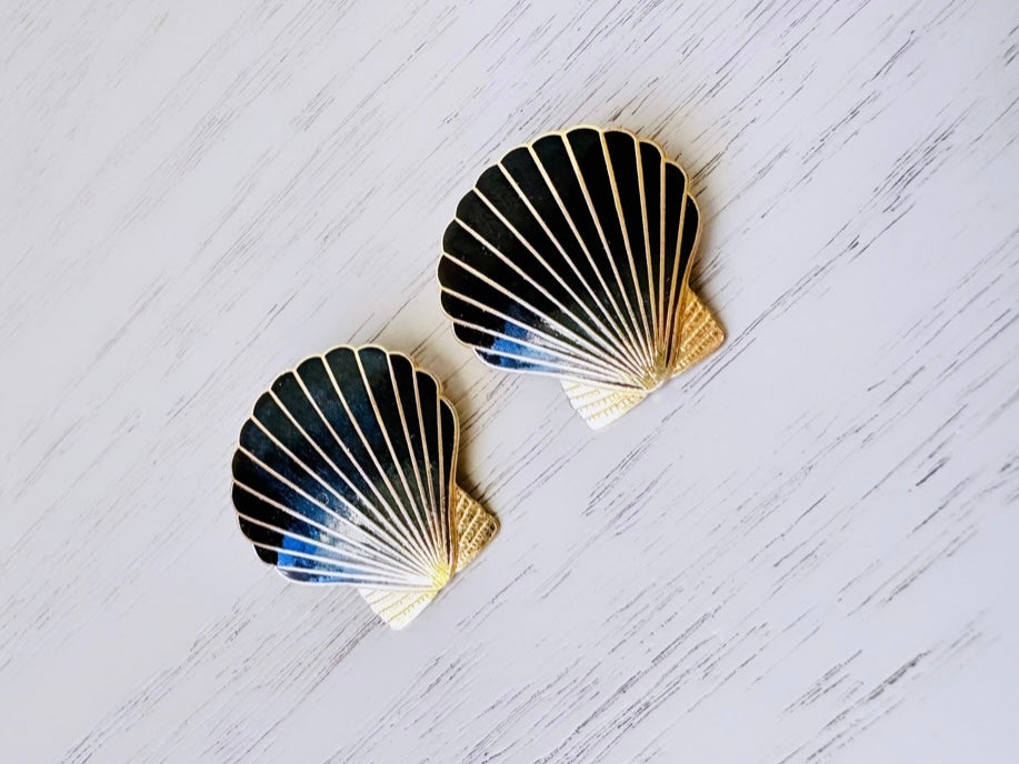 Vintage black and gold enamel clip on shell earrings from Piggle and Pop