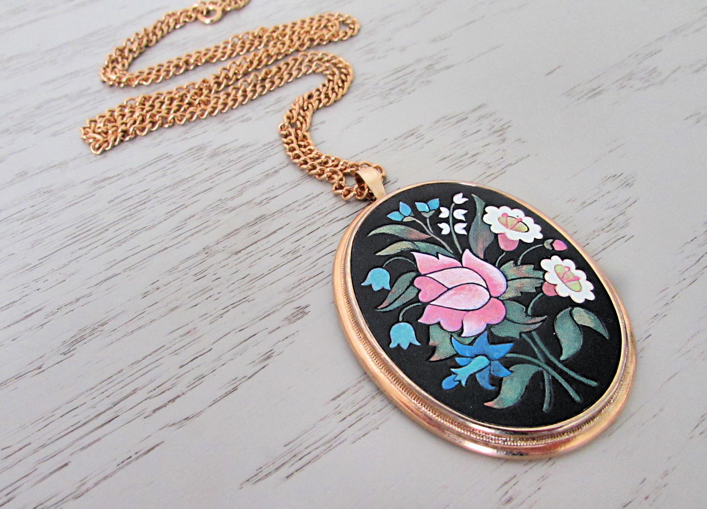 Vintage Flower Necklace, Avon Florentine Mosaic Pendant Necklace, 1974 Painted Flower Pendant, Black Gold Teal and Pink, Long Chain Necklace