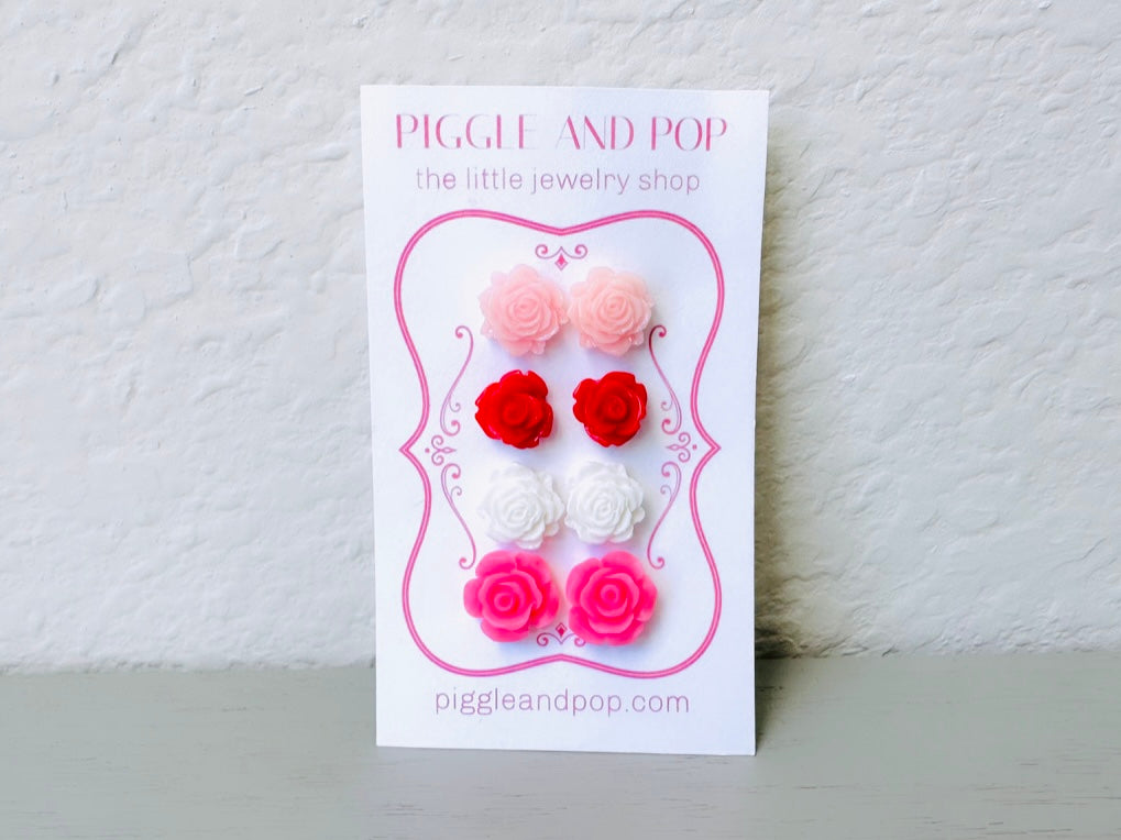 Valentine Earrings Gift Set in Blush Pink, White, Red and Bubblegum Pink, Floral Post Earring, 4 Pairs Hypoallergenic Resin Flower Earrings