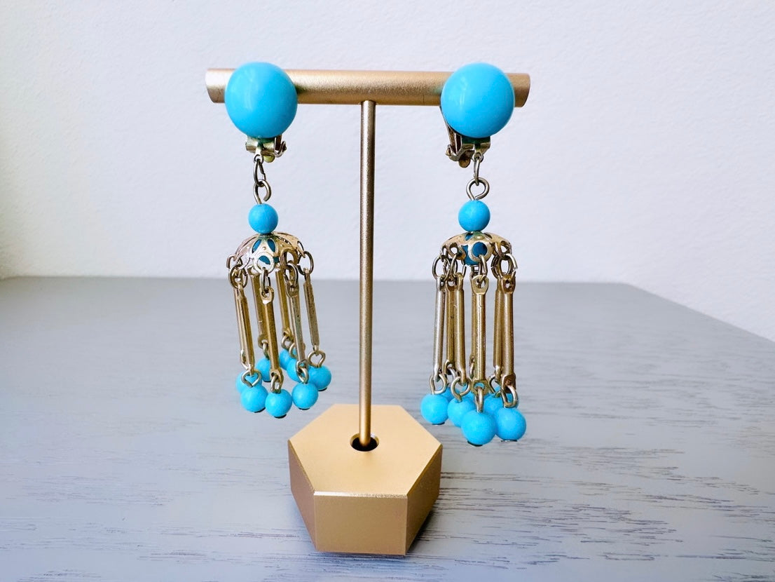 Vintage Turquoise Earrings, Mod 60s Earrings, Funky Blue Retro Earrings, Geometric Chandelier Vintage Dangle Earrings, 1960s Clip Ons