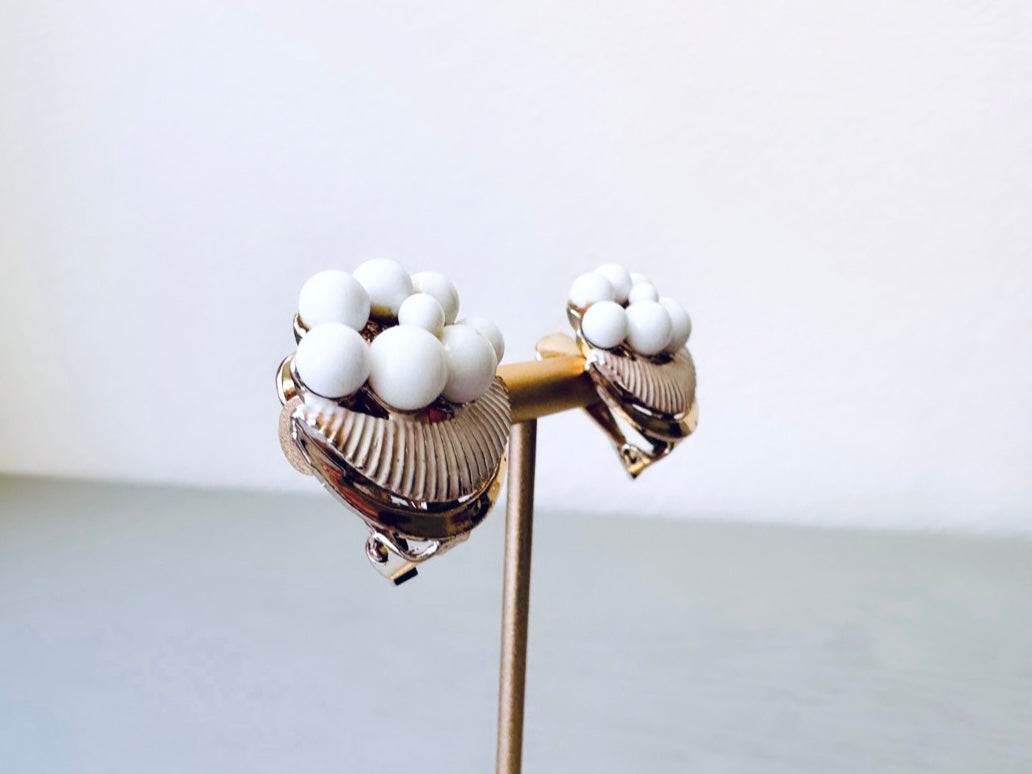 Vintage Gold Tone Clip On Earrings w White Beads & White Enamel, 1" Crescent Moons, 1960's Unique Lunar Earrings