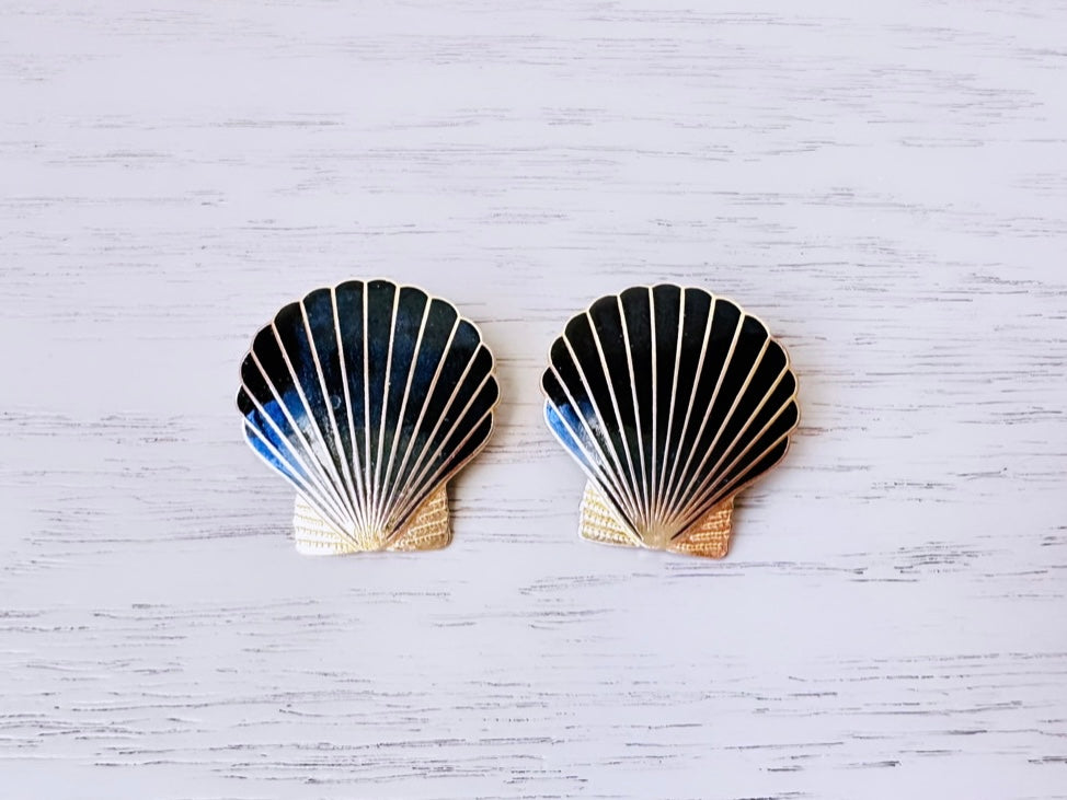Vintage black and gold enamel clip on shell earrings from Piggle and Pop