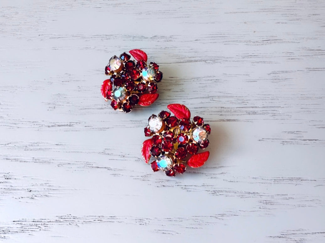 Red Vintage WEISS Rhinestone Earrings, Vintage 1960's Crystal Flower Clip On Earrings, Deep Red Crystal and Red Enamel Leaves