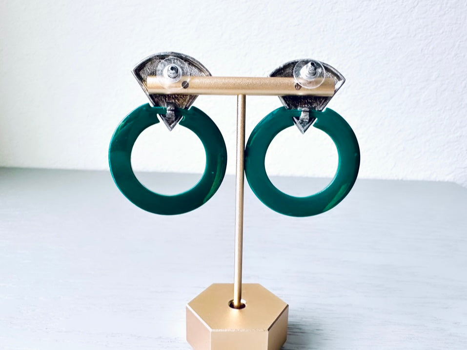 the backs of 1980s Dark Green Acrylic Hoop Earrings with Antique Silver Triangle Post from Piggle and Pop