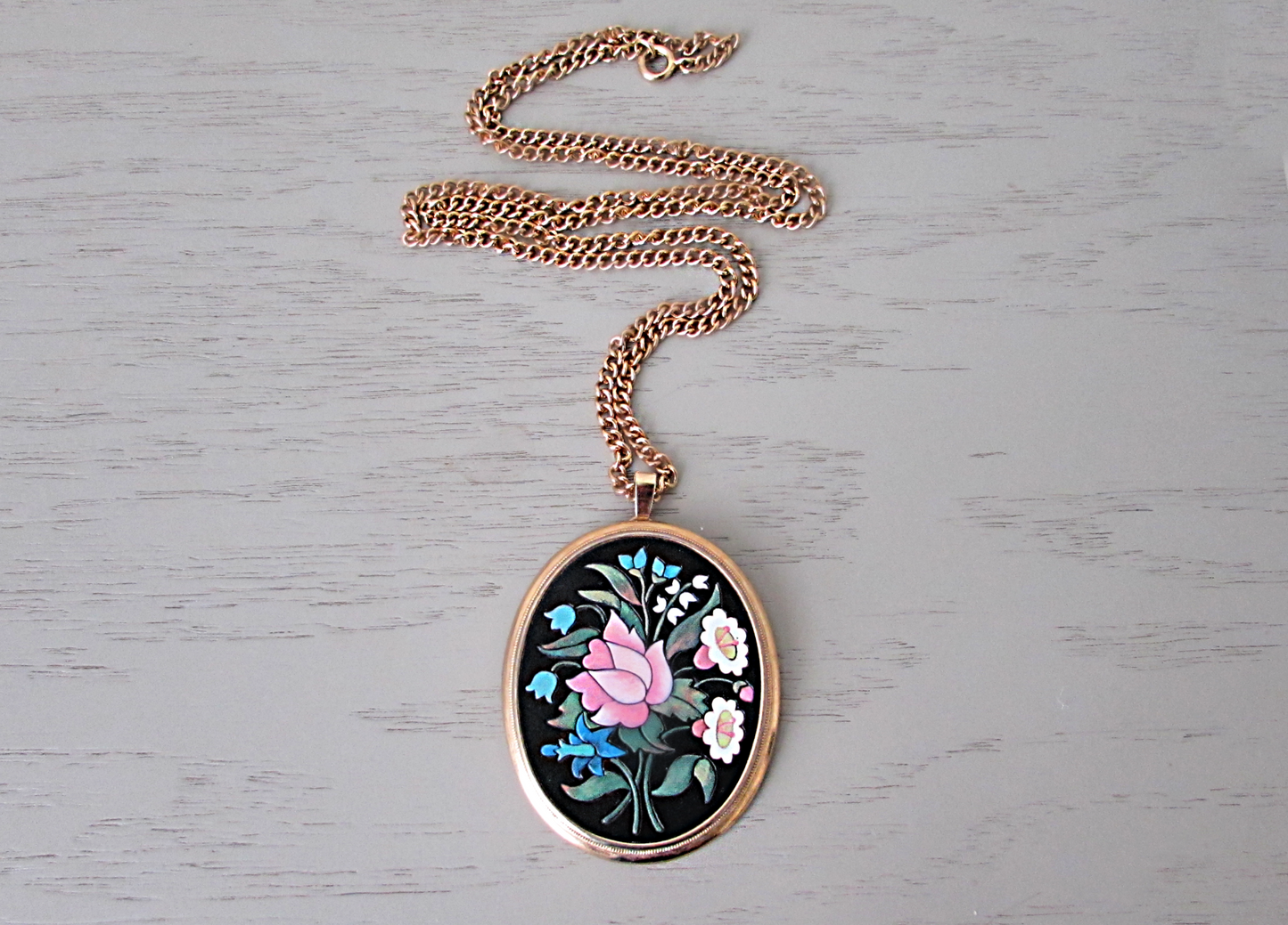 Vintage Flower Necklace, Avon Florentine Mosaic Pendant Necklace, 1974 Painted Flower Pendant, Black Gold Teal and Pink, Long Chain Necklace