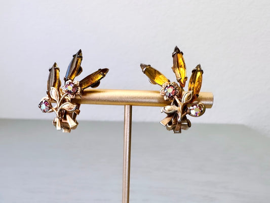 Vintage Amber Rhinestone Earrings, Vintage 1960's Crystal Flower Clip On Earrings, Deep Brown UNIQUE Floral Earrings