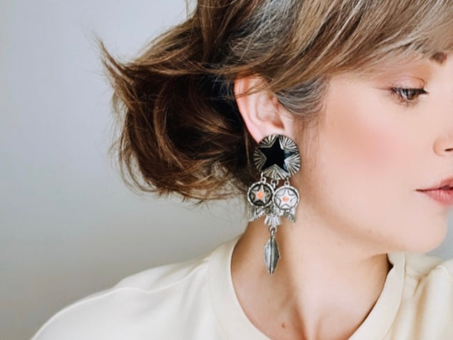 bethan jayne modeling 1990s Vintage Clip-On Earrings with black enamel Star and Eagle from Piggle and Pop