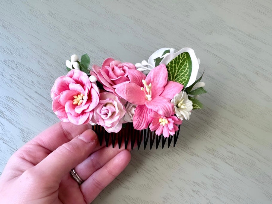 Pink Flower Hair Comb, Floral Wedding Comb, Ethereal Woodland Bride, Boho Fairy Flower Comb, Botanical Handmade Paper Flower Hair Piece OOAK