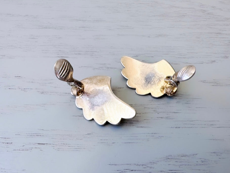 Vintage White Wing Earrings with Gold Tips, Vintage Monet Clip On Statement Earrings, White and Gold Geometric Fan Earrings