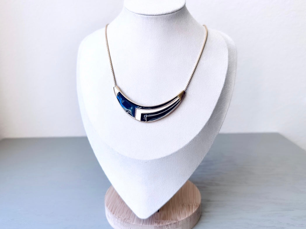 Vintage Signed Monet Enamel Choker in Deep Midnight Blue, Gold and White, Enameled Retro Gold Collar Necklace, 80's Geometric Bar Necklace